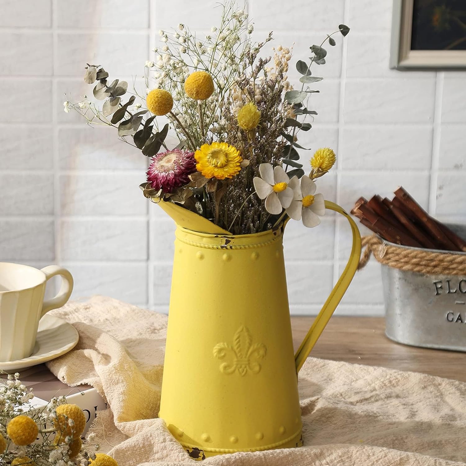 French Style Shabby Chic Metal Flower Vase Yellow