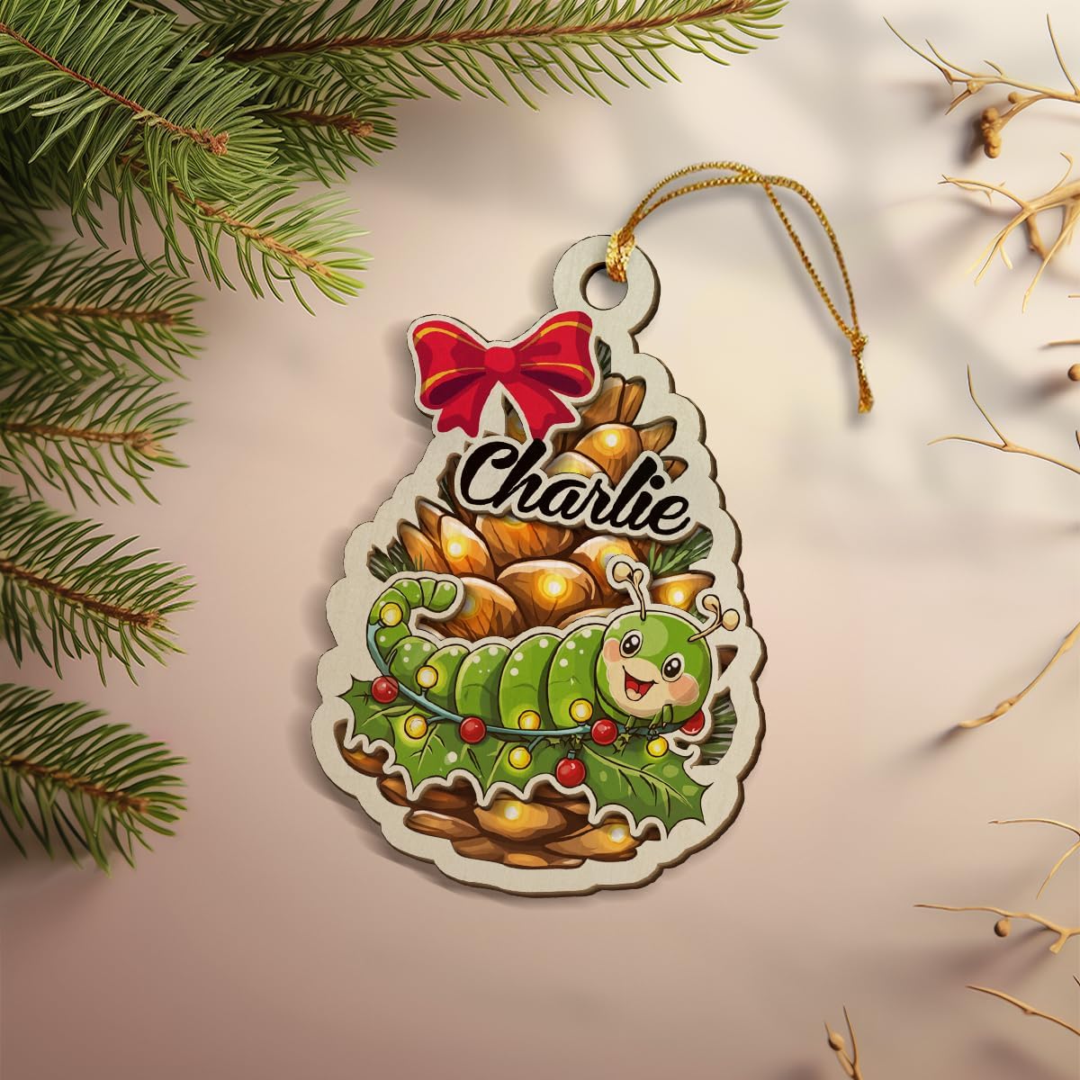 Personalized Fuzzy Caterpillar 2-Layer Wood Christmas Ornament