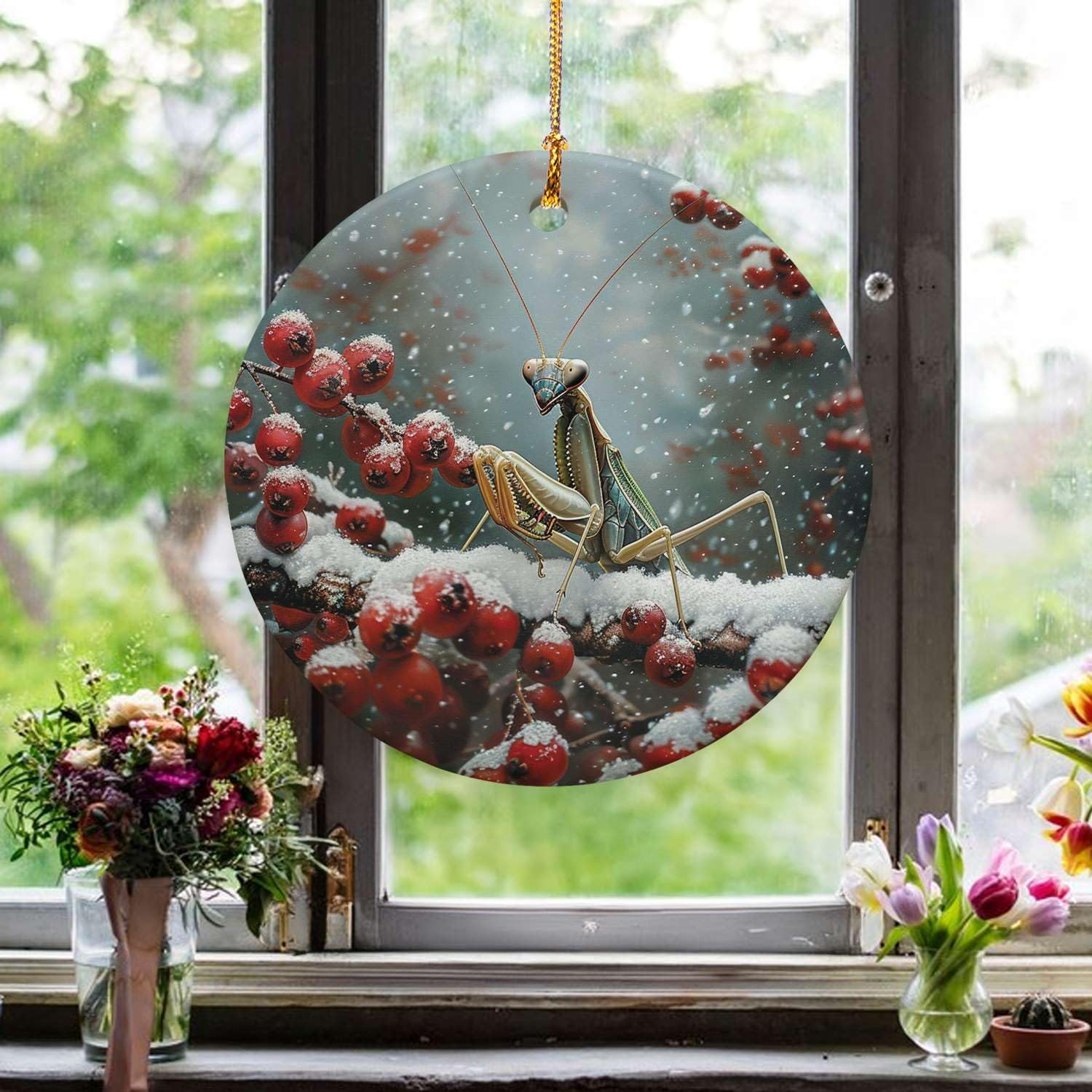 Snowy Berry Praying Mantis 3 Ceramic Ornament for Home Decor