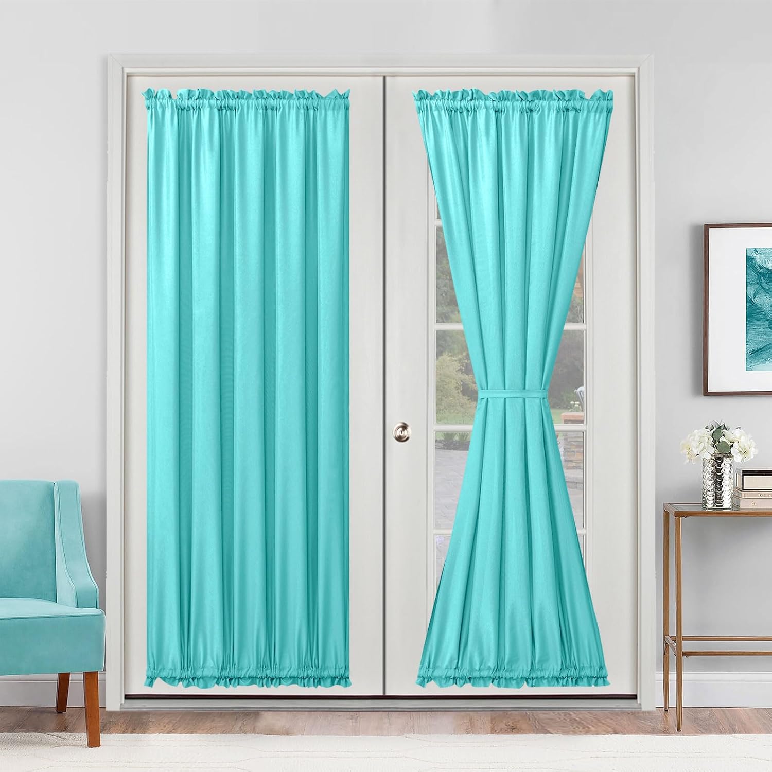 Hiasan French Door Curtains Privacy Rod Pocket Semi Sheer Panel for Door or Window 1 Panel Aqua 52x72 In