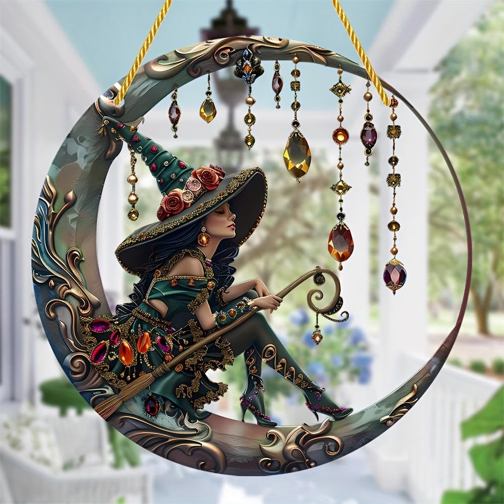 8x8 Inch 2D Flat Moonlit Witch Acrylic Ornament with Hanging Rope