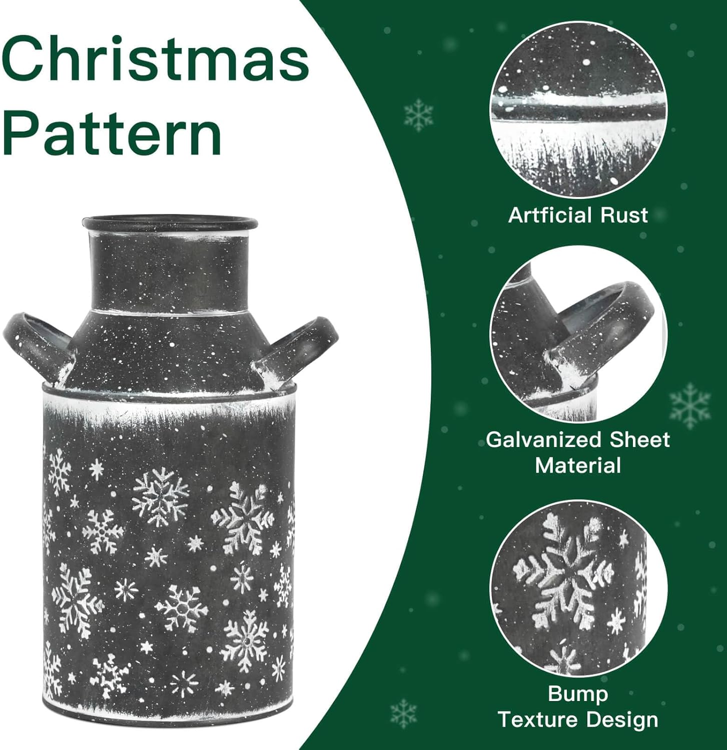 Galvanized Gray Metal Vase with Snowflake Design