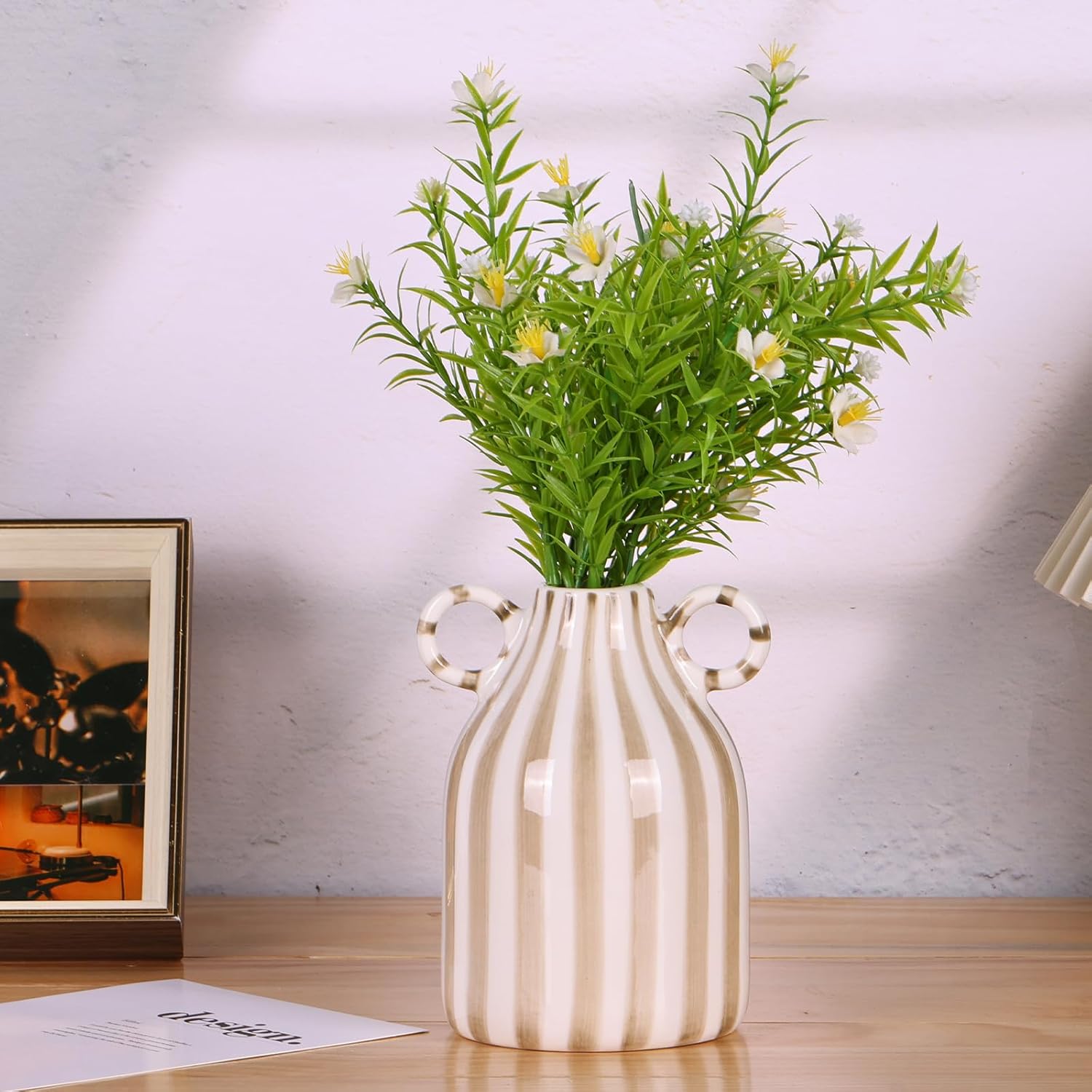 LINYTHER Brown and White Ceramic Vase with Handle