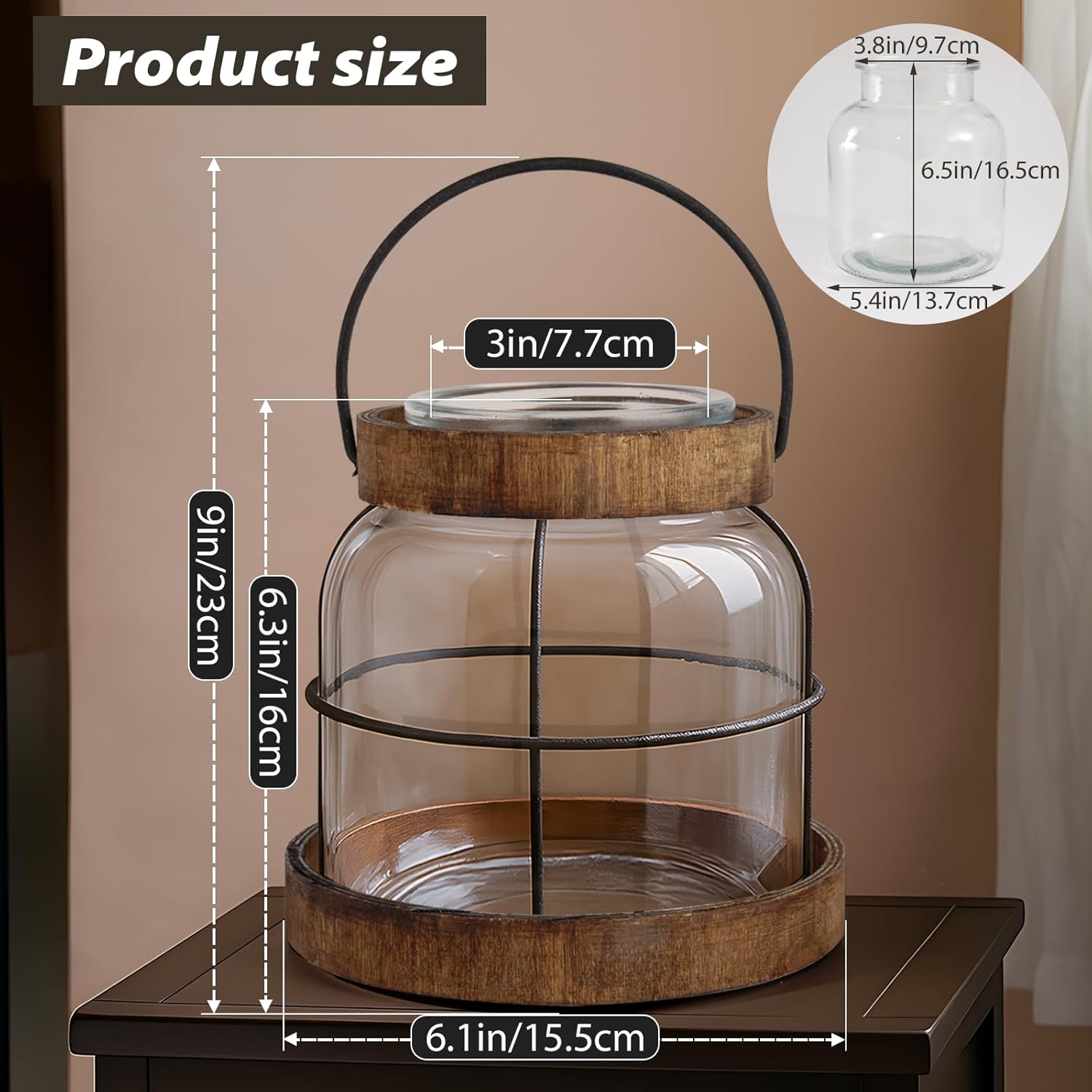 Vintage Glass Vase with Wood Frame and Metal Handle