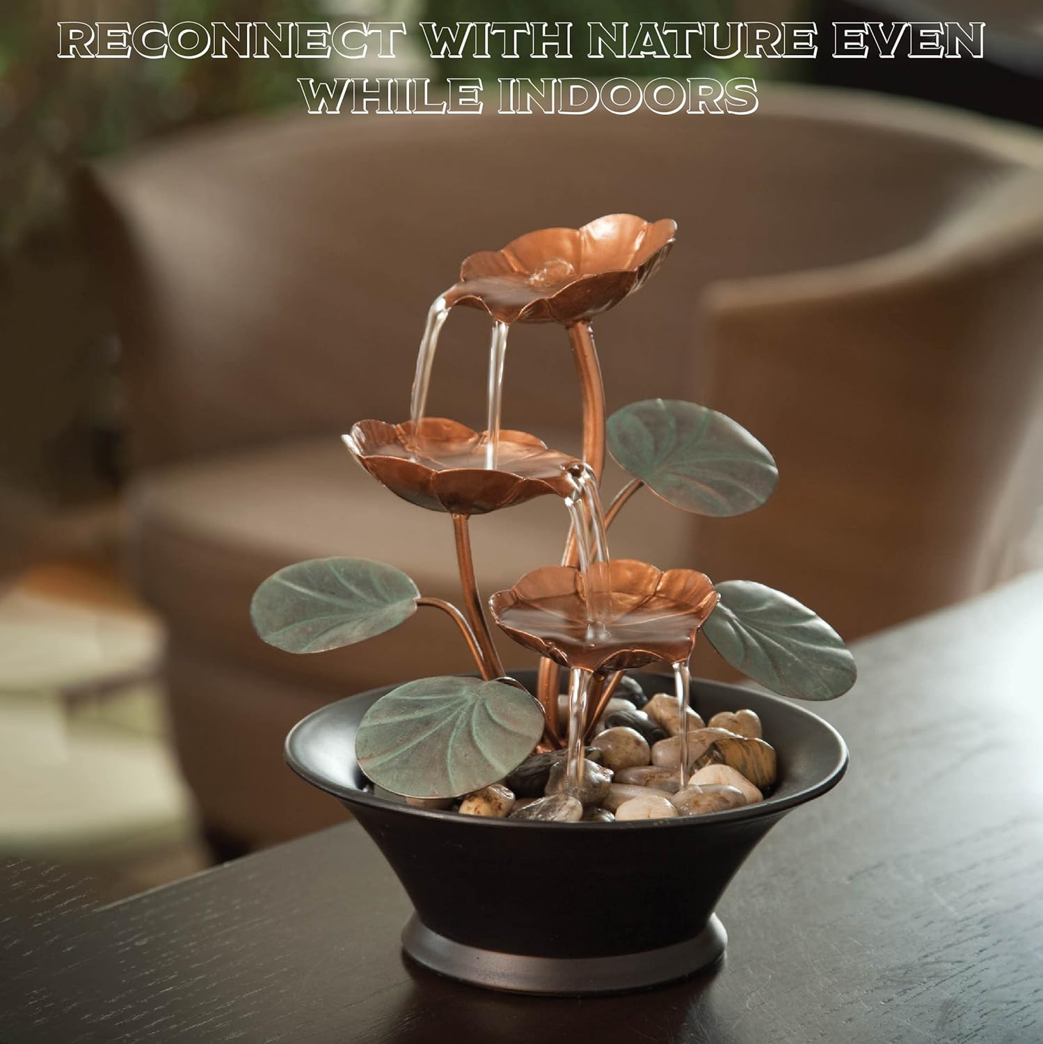 Bits and Pieces Indoor Water Lily Fountain - Compact Decor with Copper Blooms