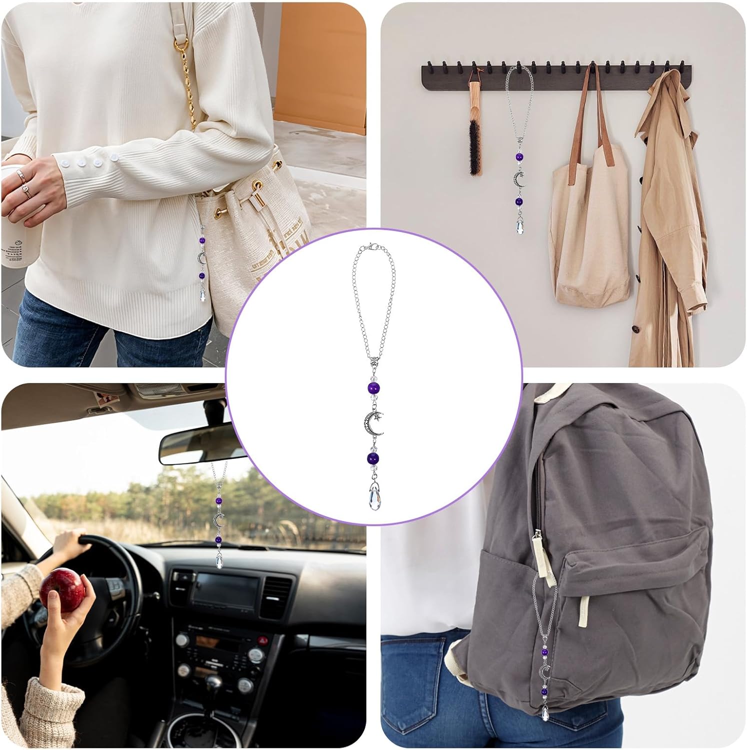 Moon Star Car Mirror Charm with Amethyst Crystal