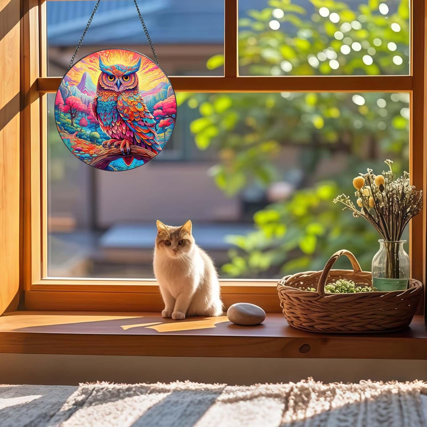 Stained Glass Window Hanging Owl Suncatcher Decor