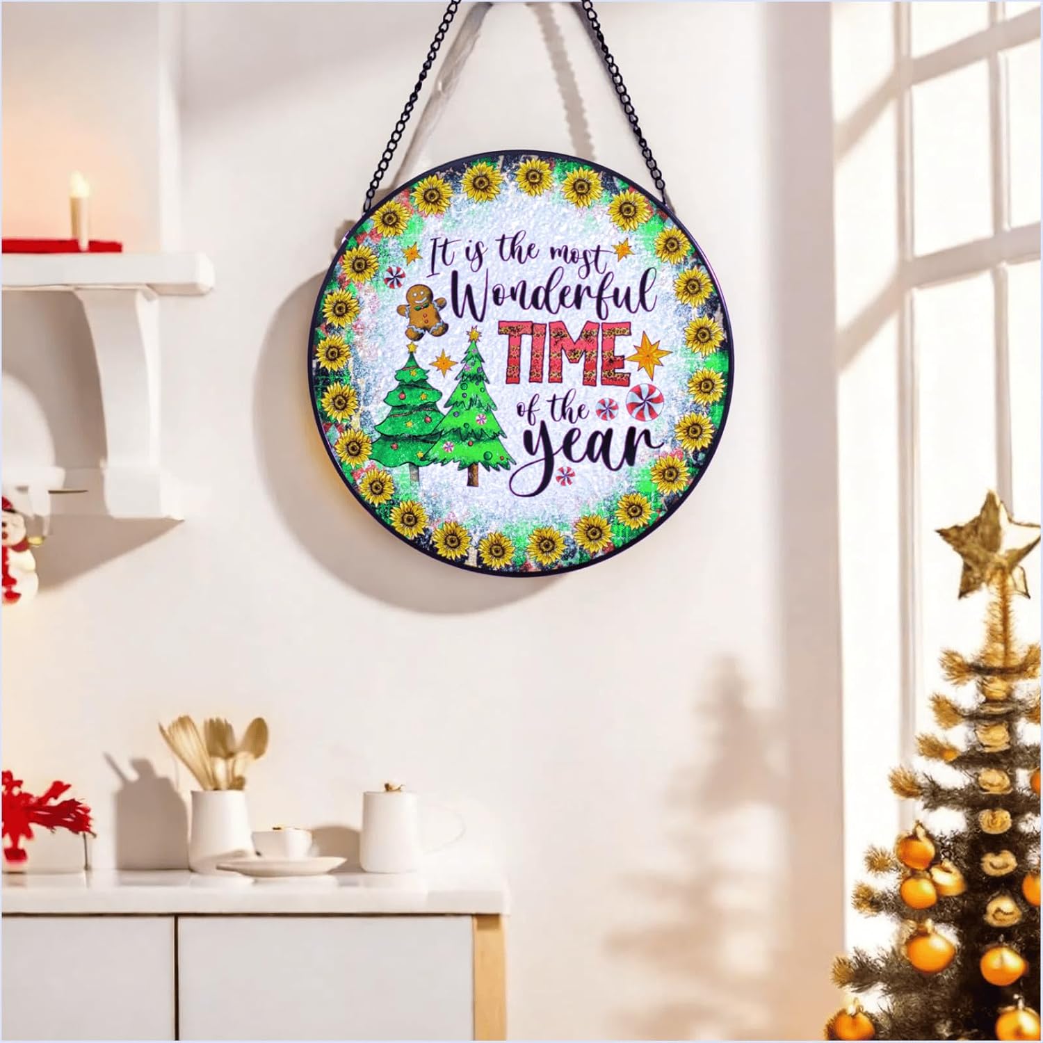 Hand-Painted Christmas Stained Glass Window Hanging Suncatcher