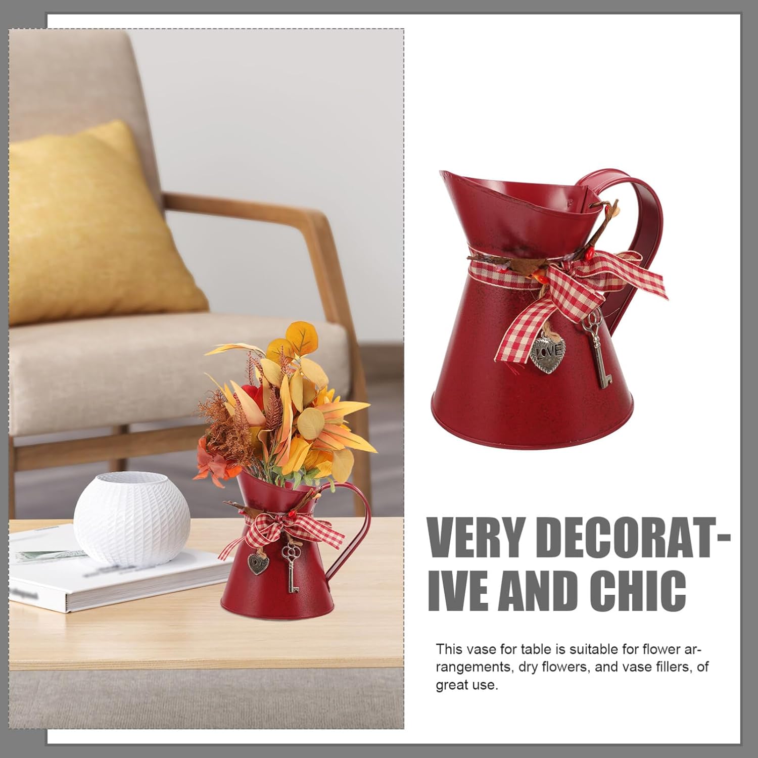 Uonlytech Vintage Dark Red Galvanized Metal Pitcher Holder Vase