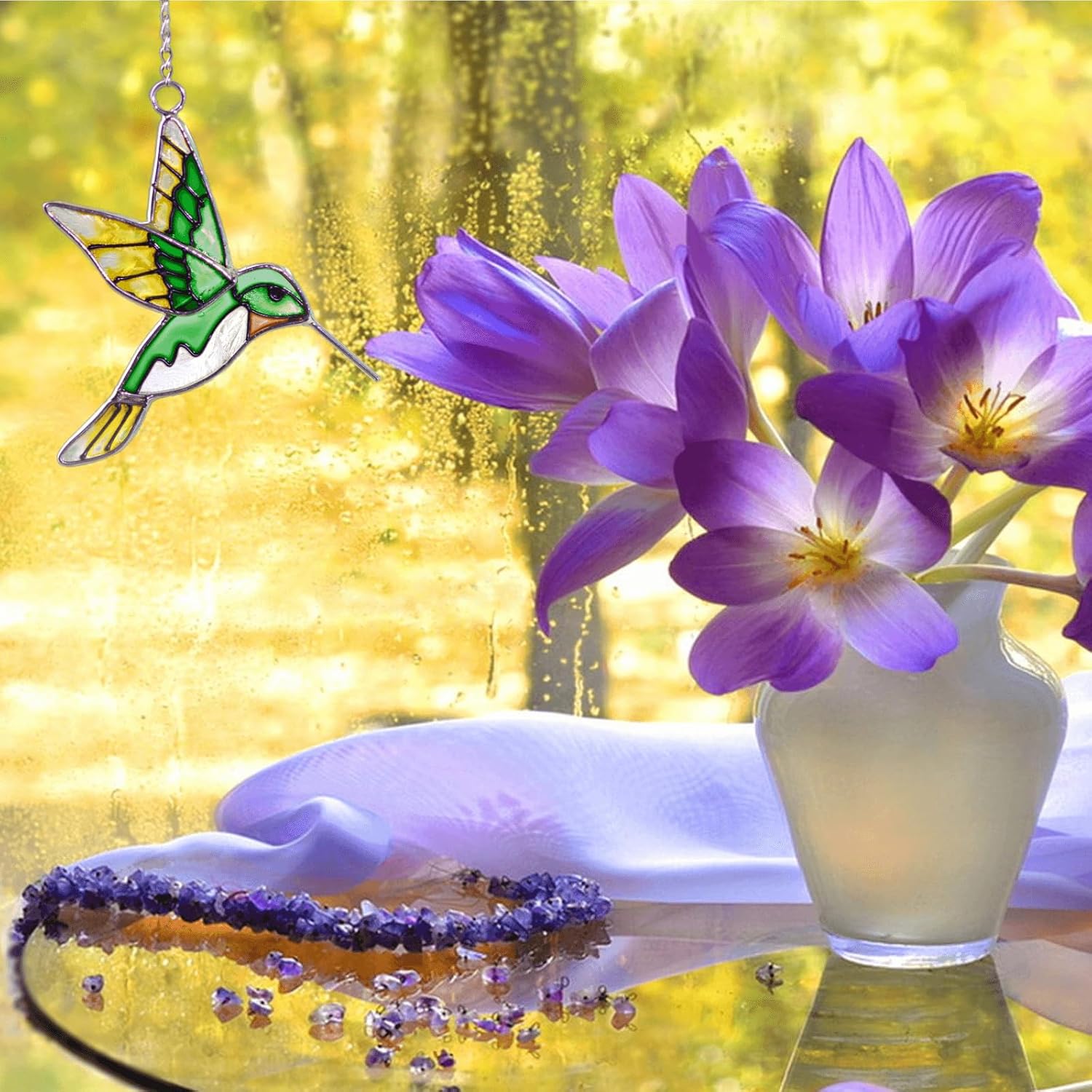Hummingbird Stained Glass Suncatcher - Green