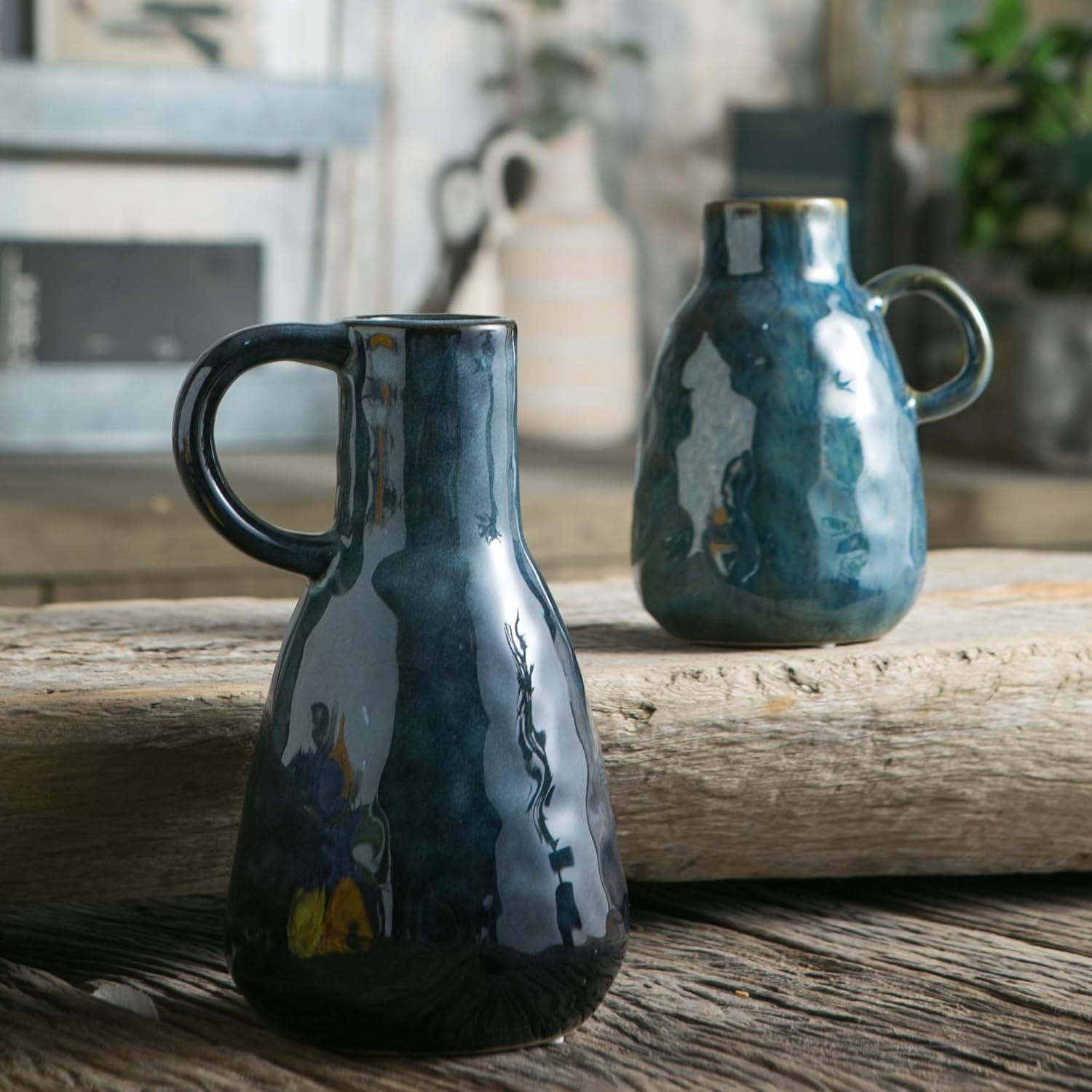 Tanvecle Ceramic Vase Set of 2 Blue Glazed