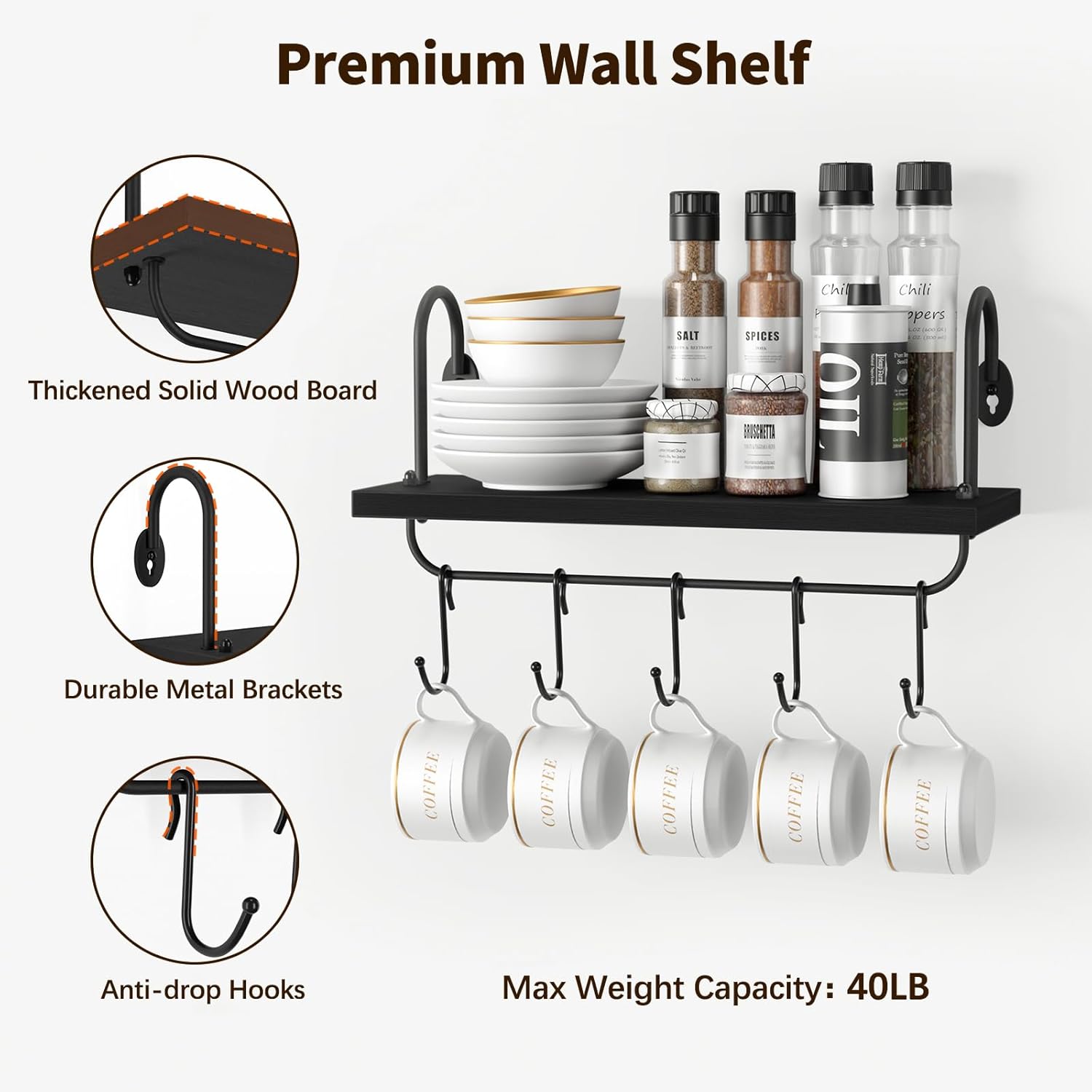 Olakee Floating Wall Shelves Set of 2 with 10 Adjustable Hooks Black