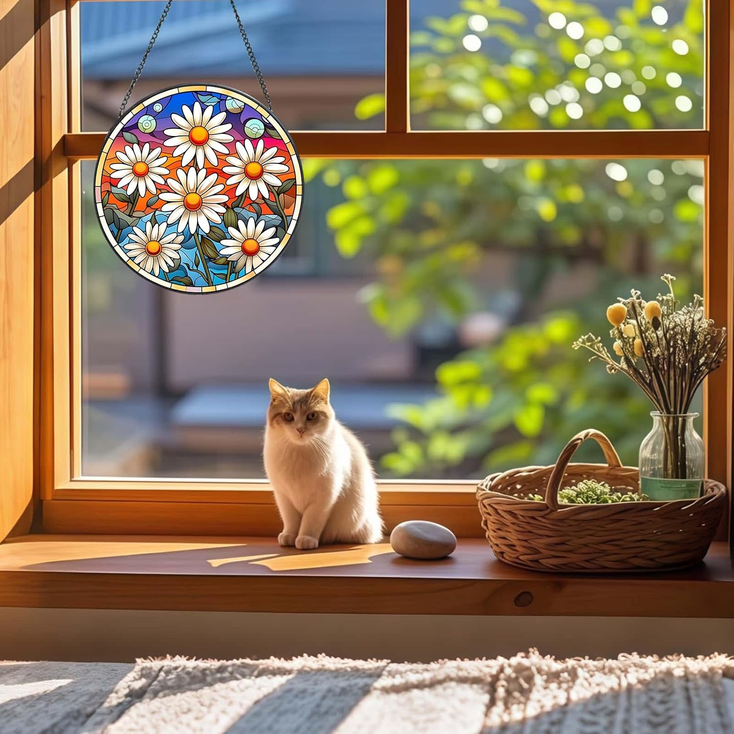 Stained Glass Window Hanging White Flower Suncatcher for Home Decor