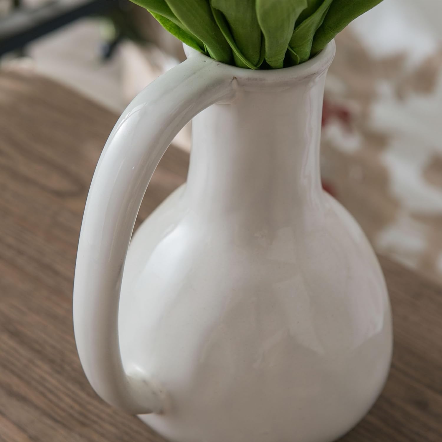 White Ceramic Vase with Big Handle and Rustic Design