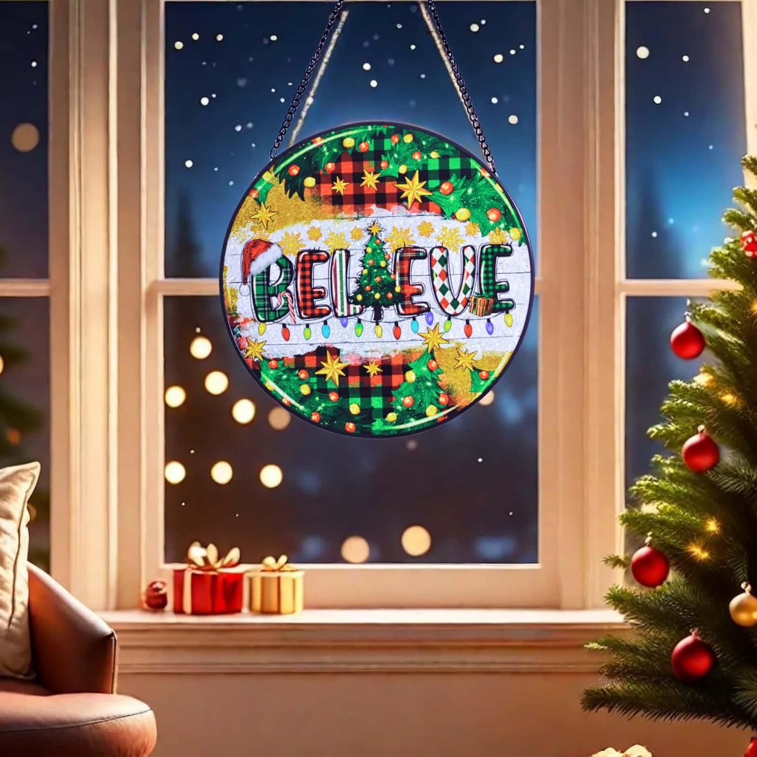 Hand-Painted Christmas Glass Suncatcher Hanging Ornament