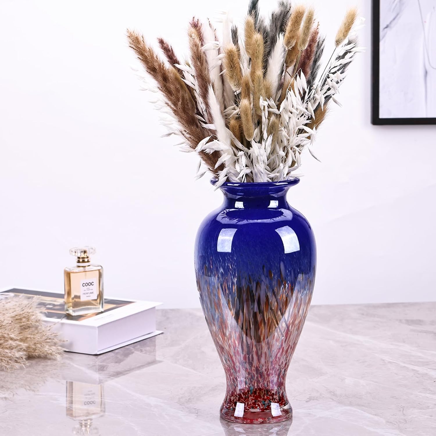 118 Tall Blown Blue Glass Vase with Red Base