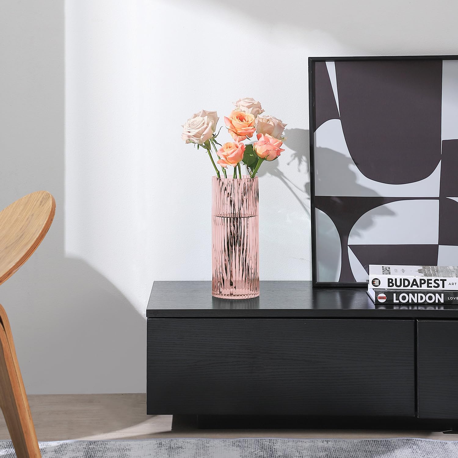 Pink Glass Vase for Flowers Tall Cylinder Vase for Home Decor