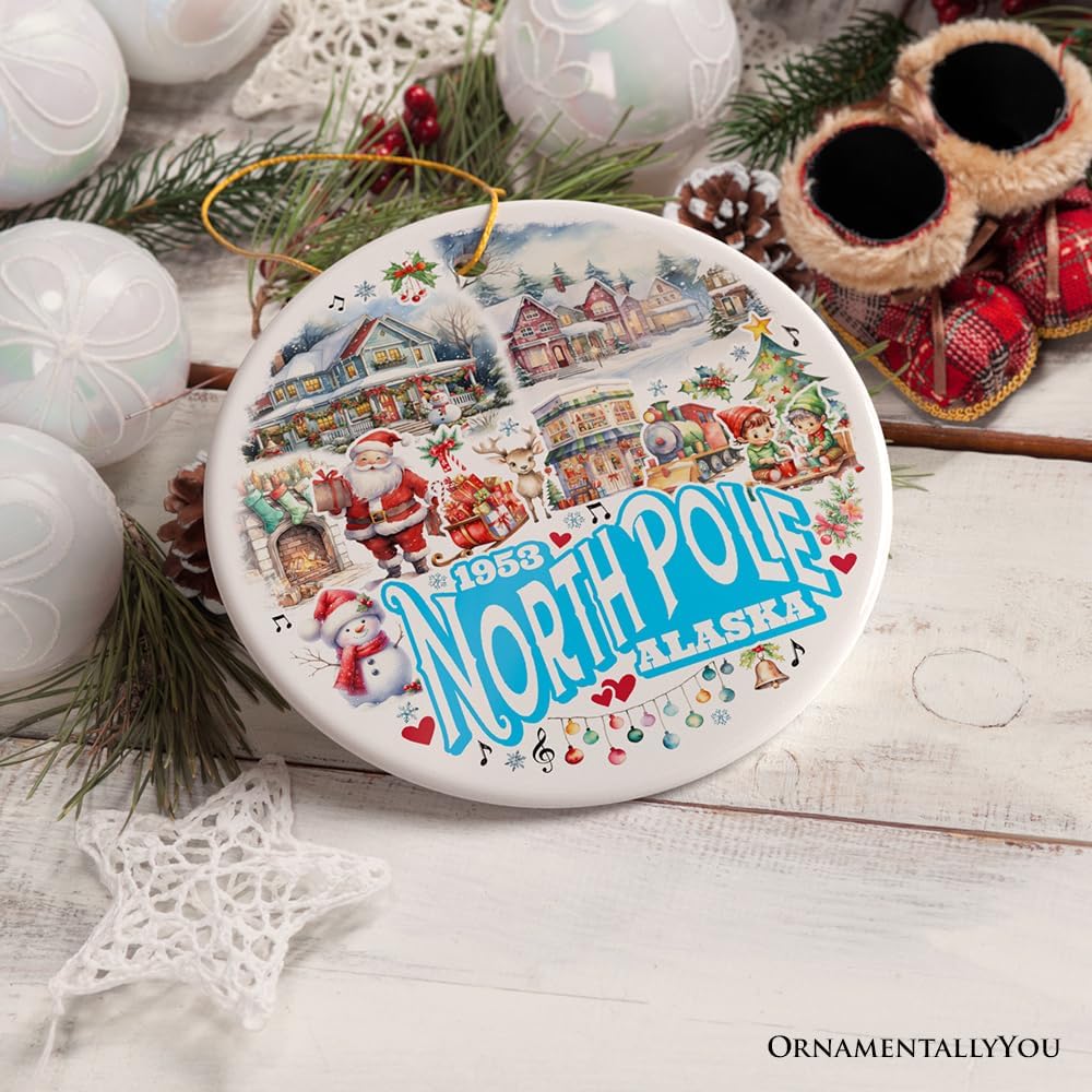 Alaska North Pole City Christmas Ornament with Santa and Elf Designs