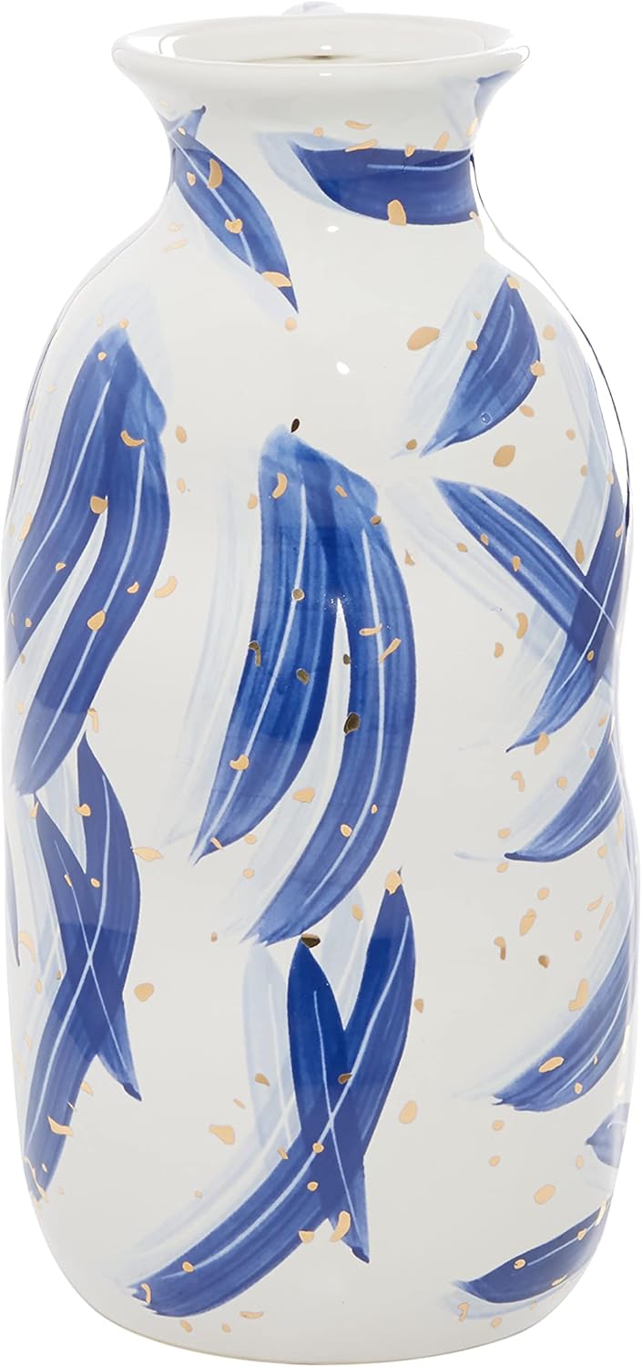 Deco 79 Ceramic Vase with Blue Leaf Design