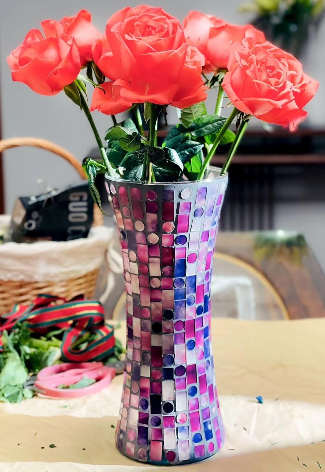 116 Inch Purple Red Mosaic Glass Vase