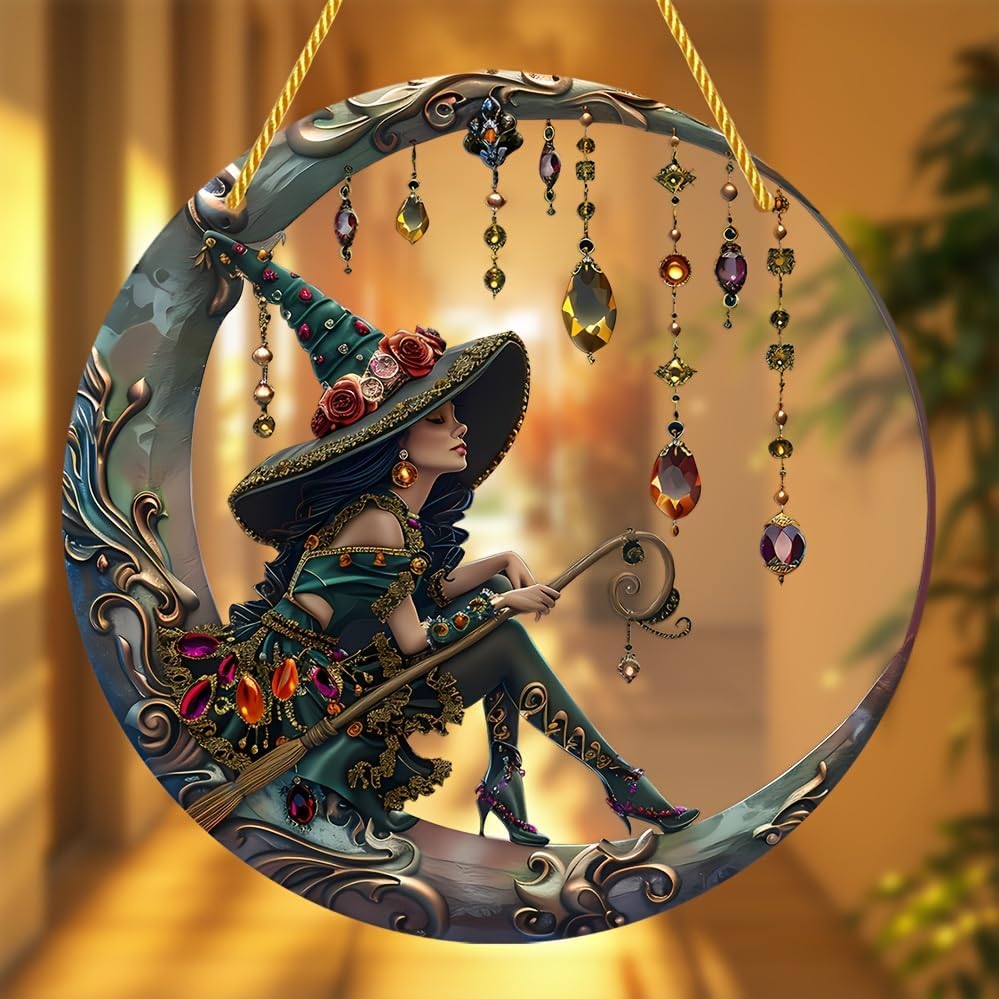 8x8 Inch 2D Flat Moonlit Witch Acrylic Ornament with Hanging Rope