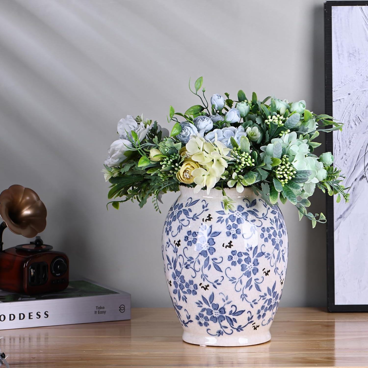 925 Inch Tall Blue White Vase for Home Decor