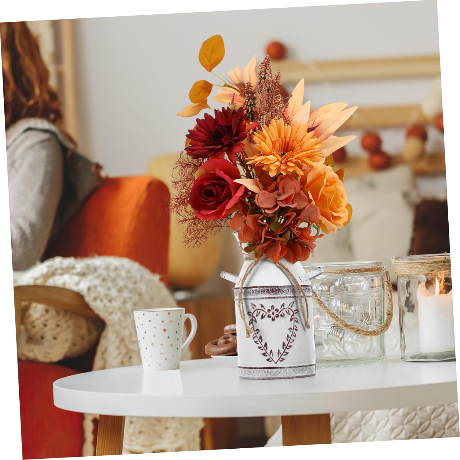 HOMSFOU Heart-Shaped Galvanized Flower Vase with Handle
