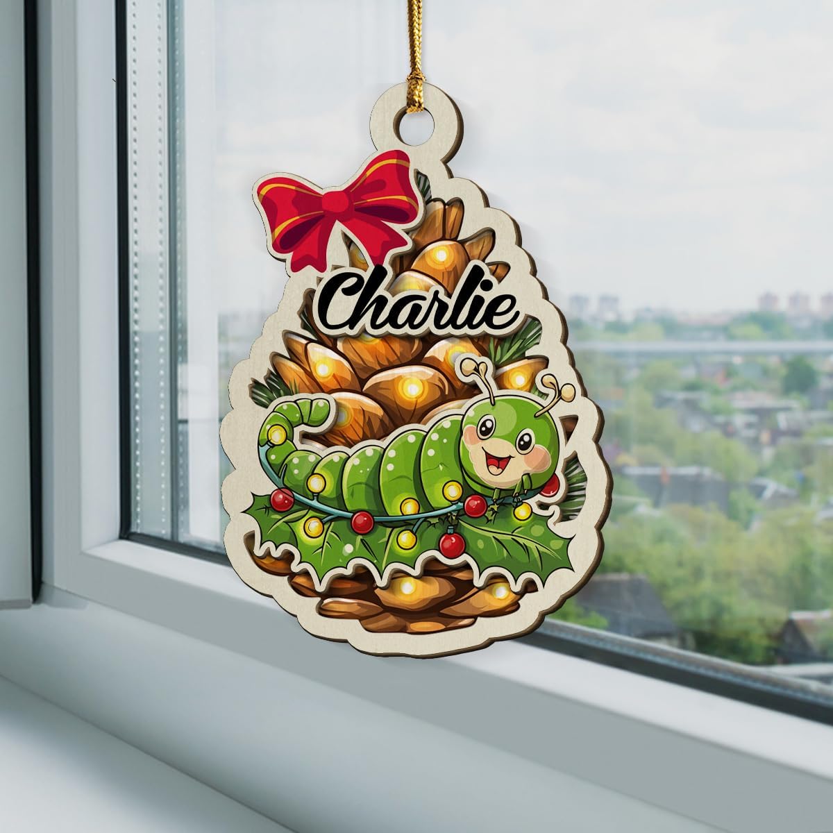 Personalized Fuzzy Caterpillar 2-Layer Wood Christmas Ornament
