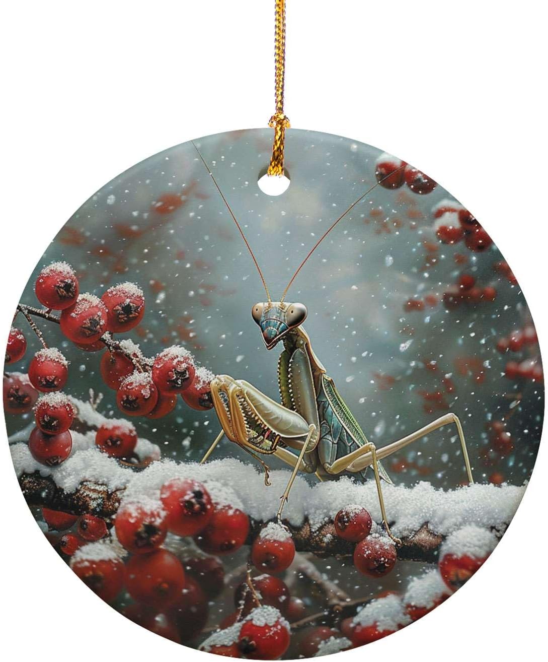 Snowy Berry Praying Mantis 3 Ceramic Ornament for Home Decor