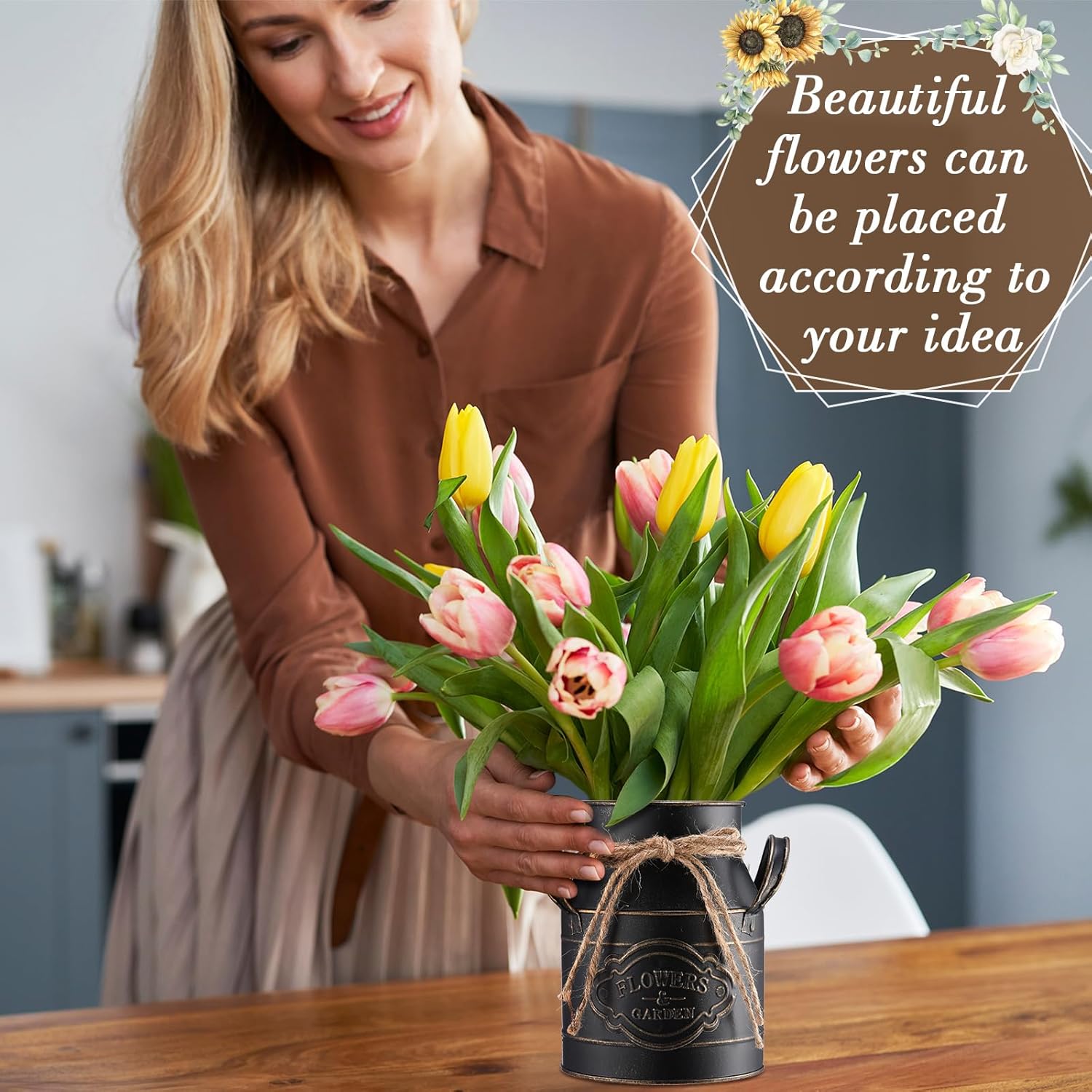 Roshtia 6 Inch Galvanized Metal Vase with Handle Black 8 Pcs