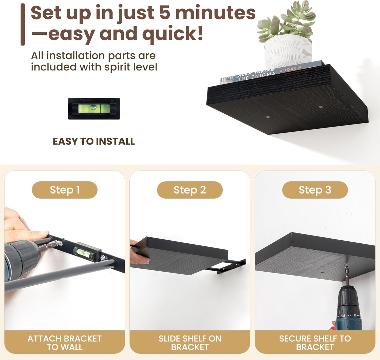 Fun Memories Set of 3 Black Floating Shelves 12 Inch Square