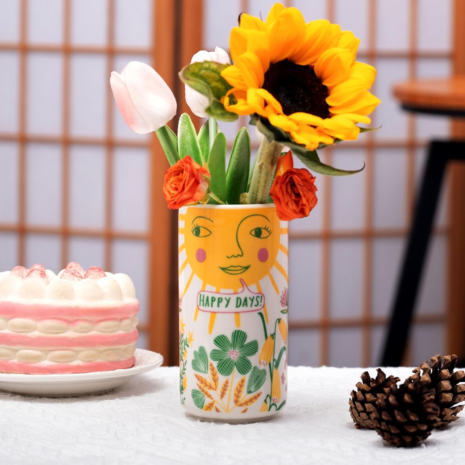 Cute Medium Ceramic Flower Vase with Colorful Boho Design