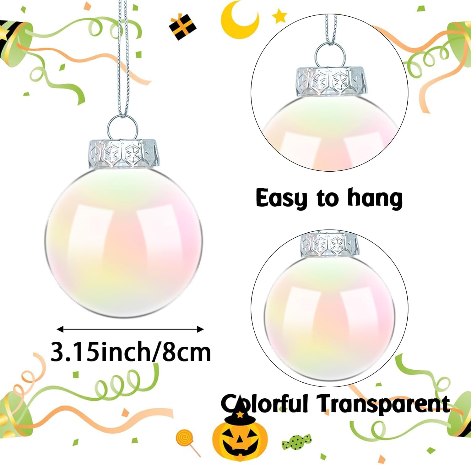 12 Pcs Clear Iridescent Ornaments Balls 315 Inch Rainbow Christmas Decor