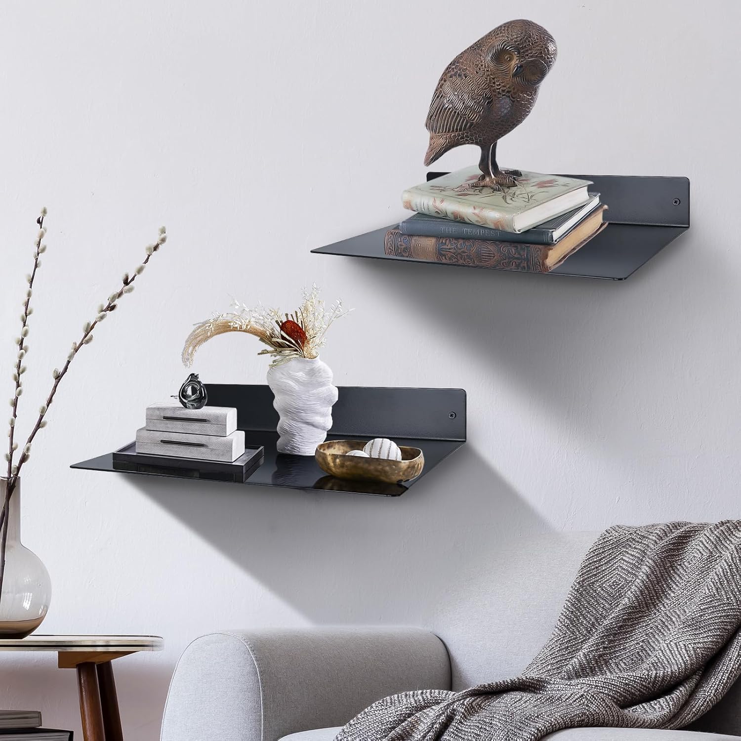 RealPlus Metal Floating Shelf 12x8 Heavy Duty Steel Display Shelves Black