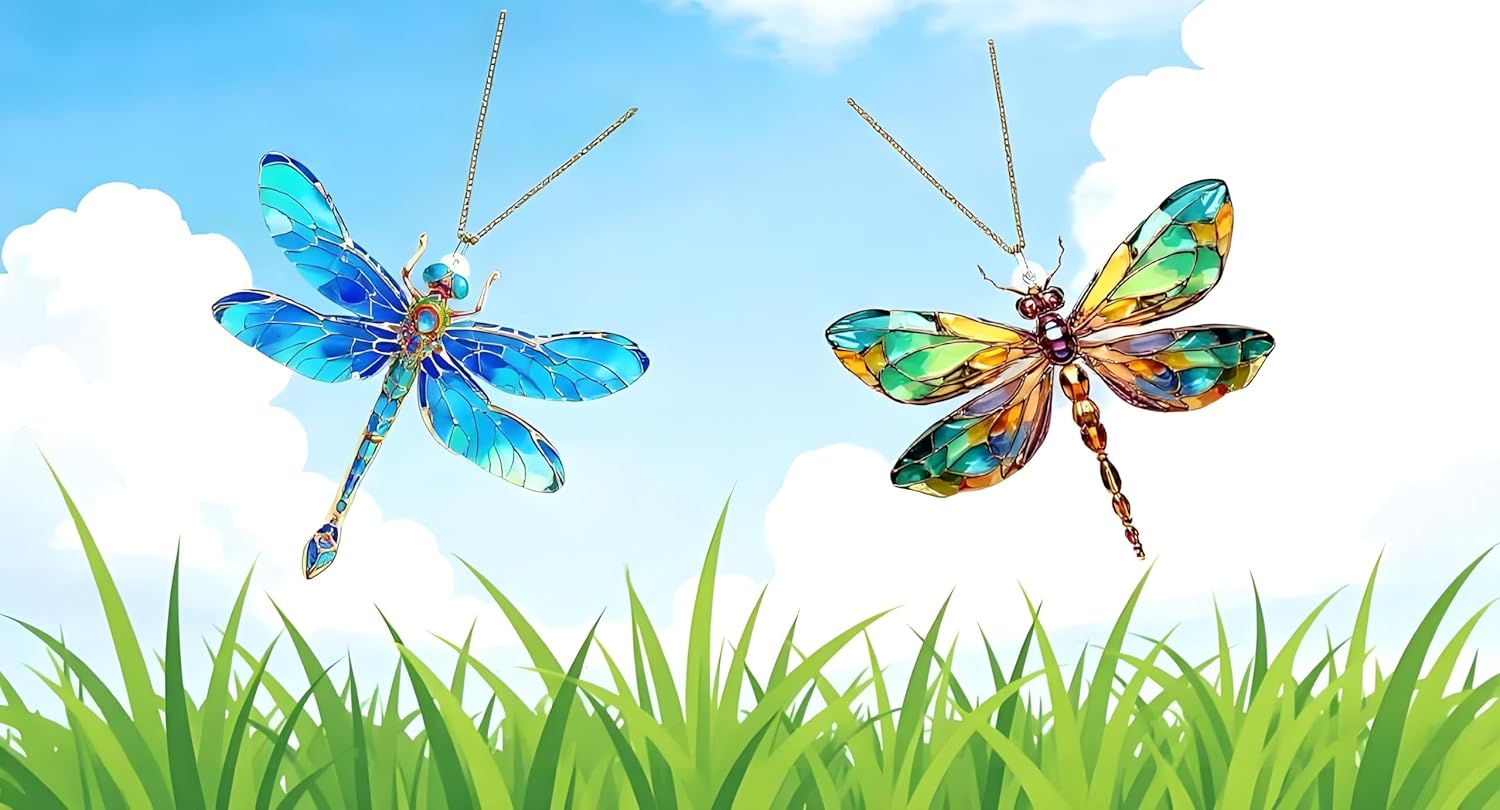 2 Pack Dragonfly Acrylic Suncatchers - Blue Green Holiday Decor