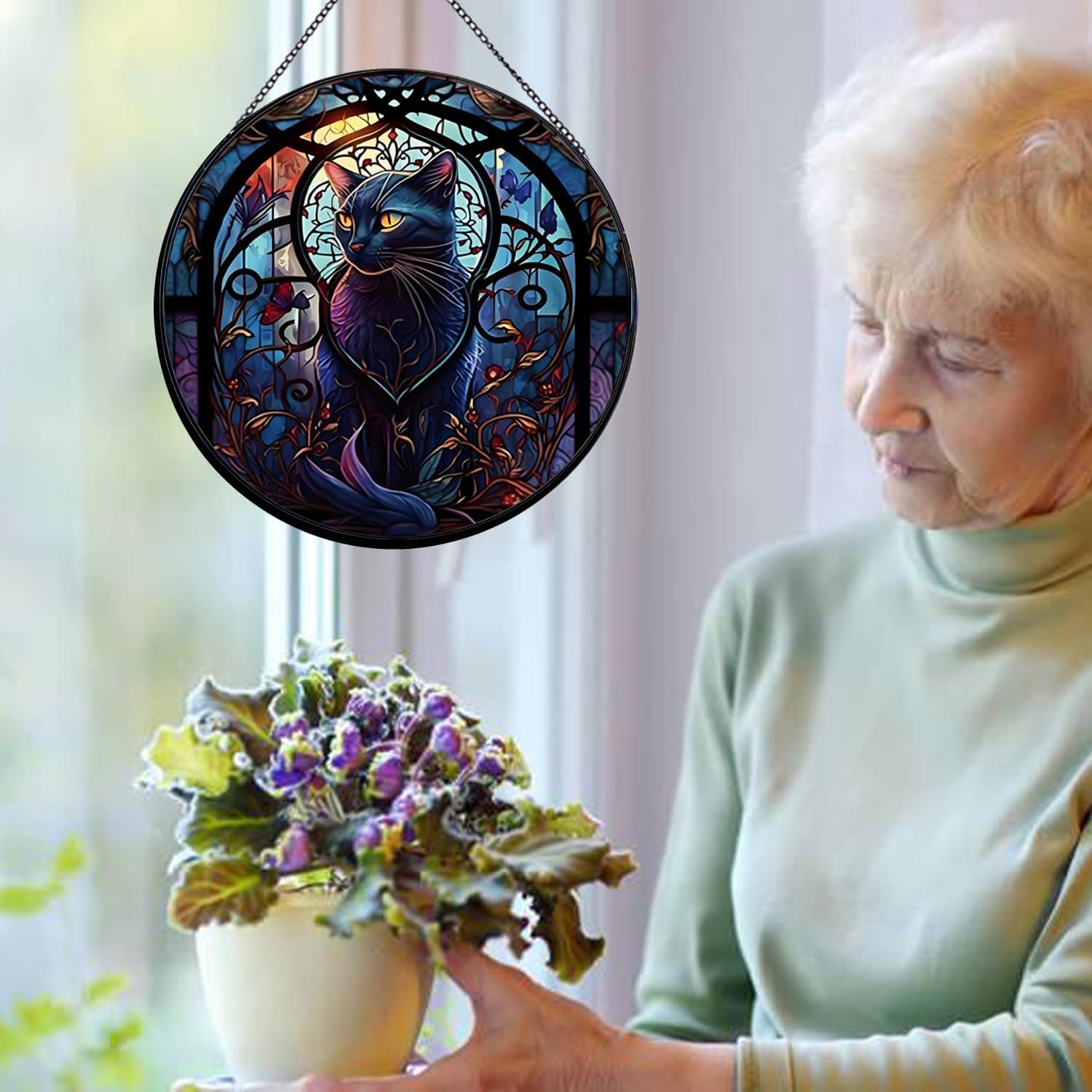 Black Cat Stained Glass Suncatcher Window Decor