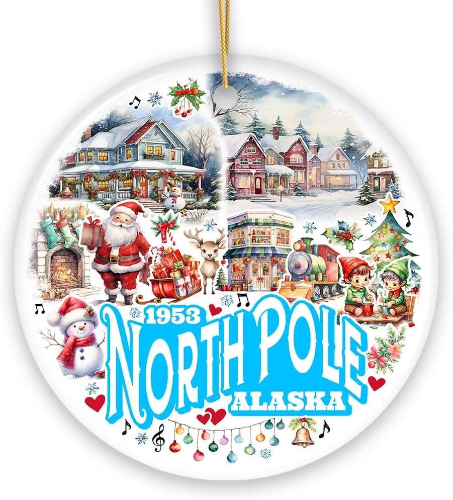 Alaska North Pole City Christmas Ornament with Santa and Elf Designs