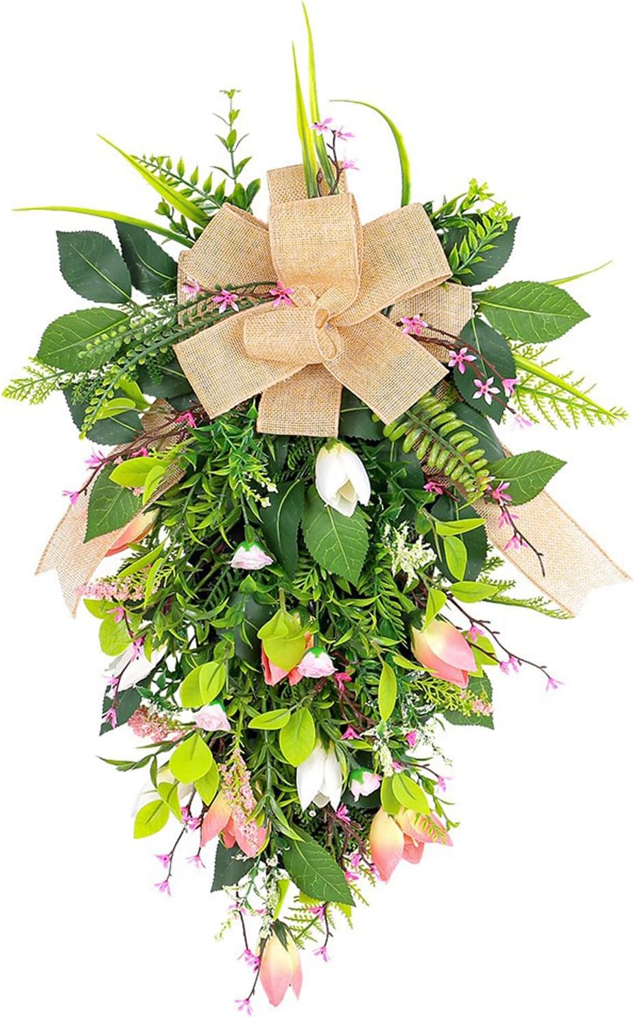 Spring Flower Wreath for Front Door Teardrop Swag with Artificial Tulips