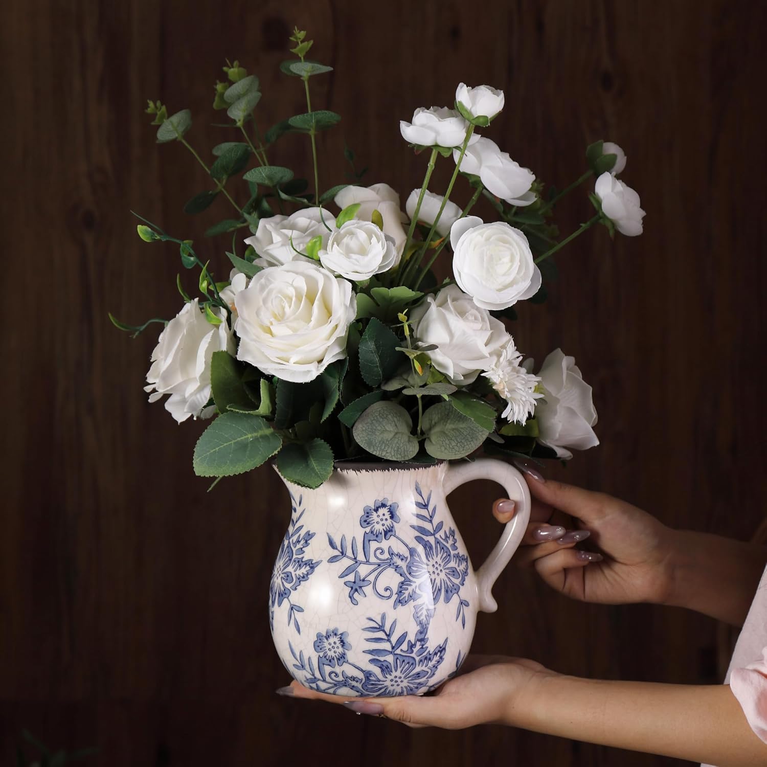 Vintage Flower Vase with Handle Blue and White Ceramic