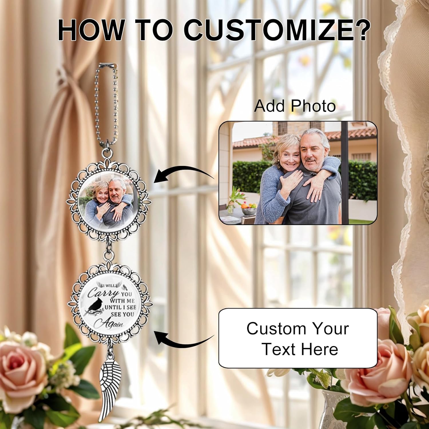 Personalized Angel Wing Car Charm - Custom Photo Text Memorial Gift