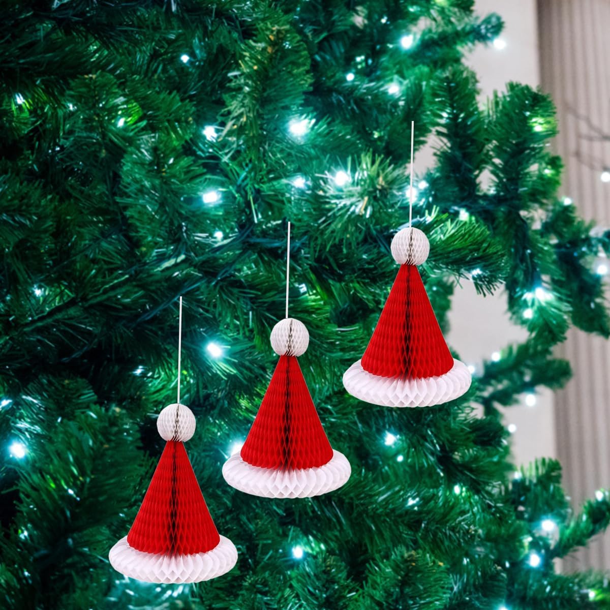 6Pcs Paper Flower Honeycomb Santa Hat Christmas Decorations