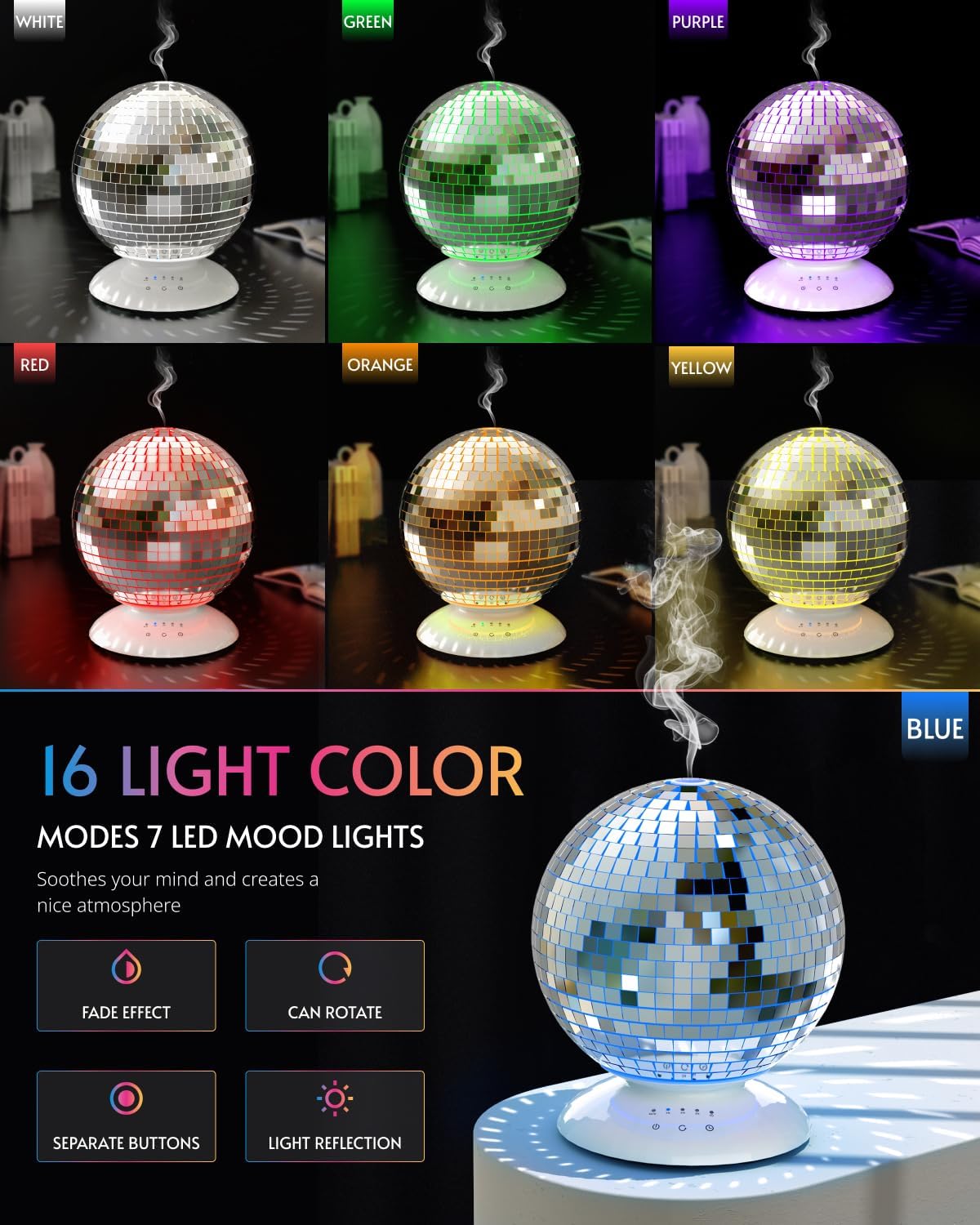 Mirror Essential Oil Diffuser with 14 Light Modes