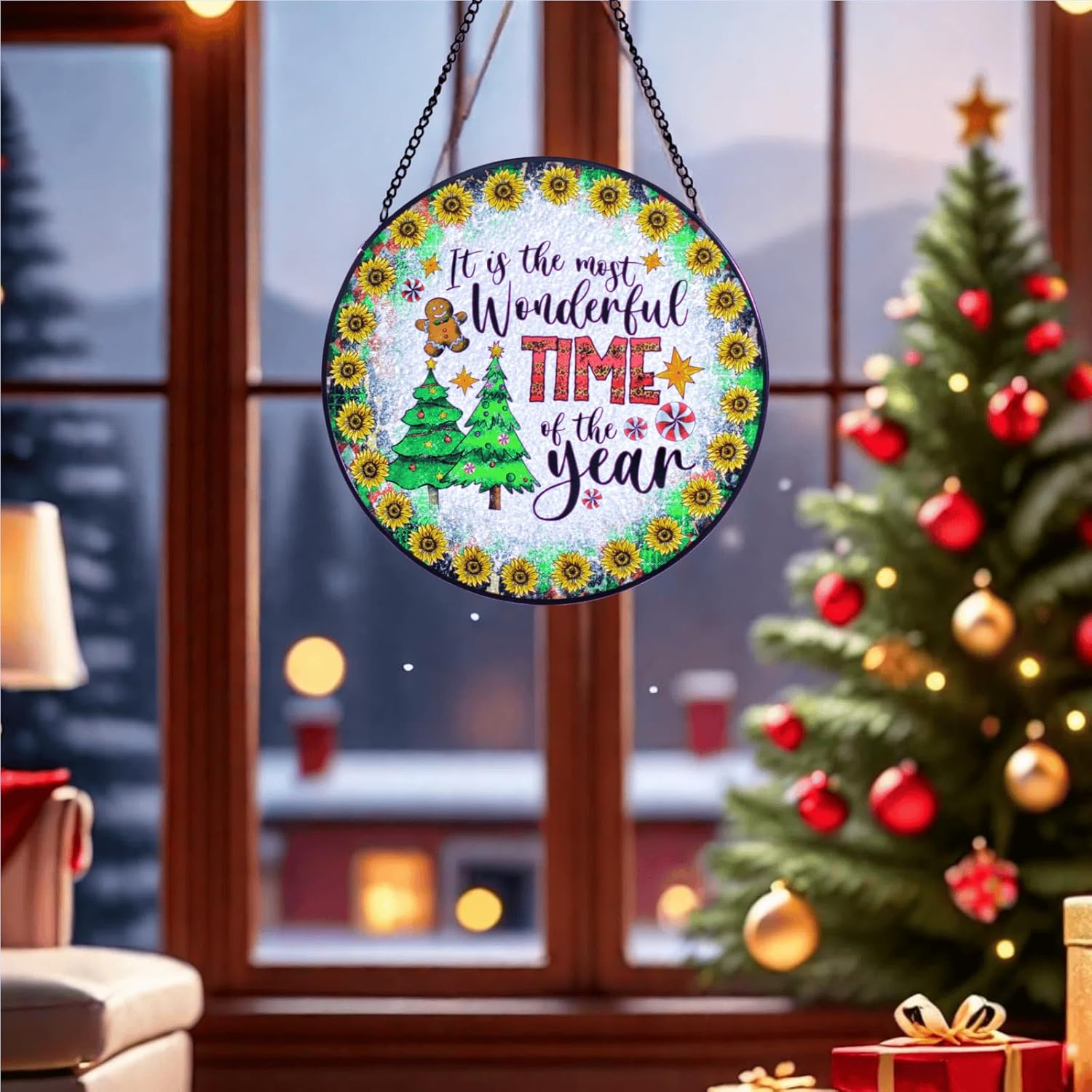 Hand-Painted Christmas Stained Glass Window Hanging Suncatcher
