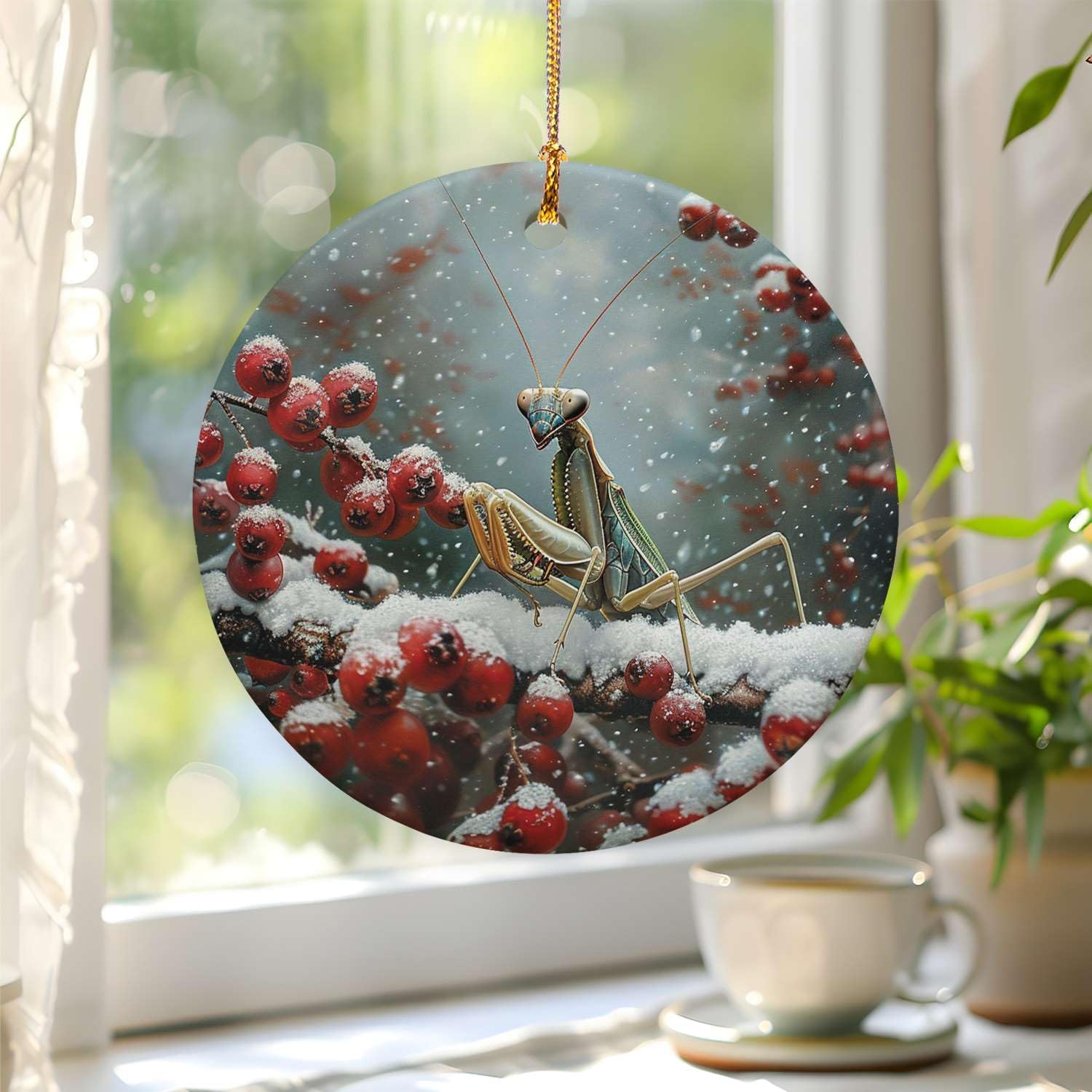 Snowy Berry Praying Mantis 3 Ceramic Ornament for Home Decor