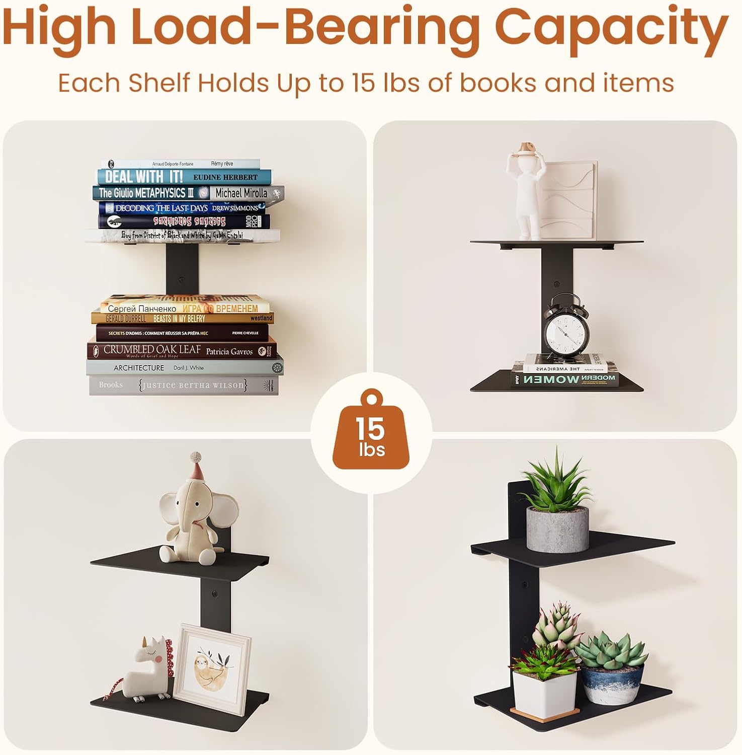 Wawocs Floating Book Shelves 4 Tier 2 Pack Black