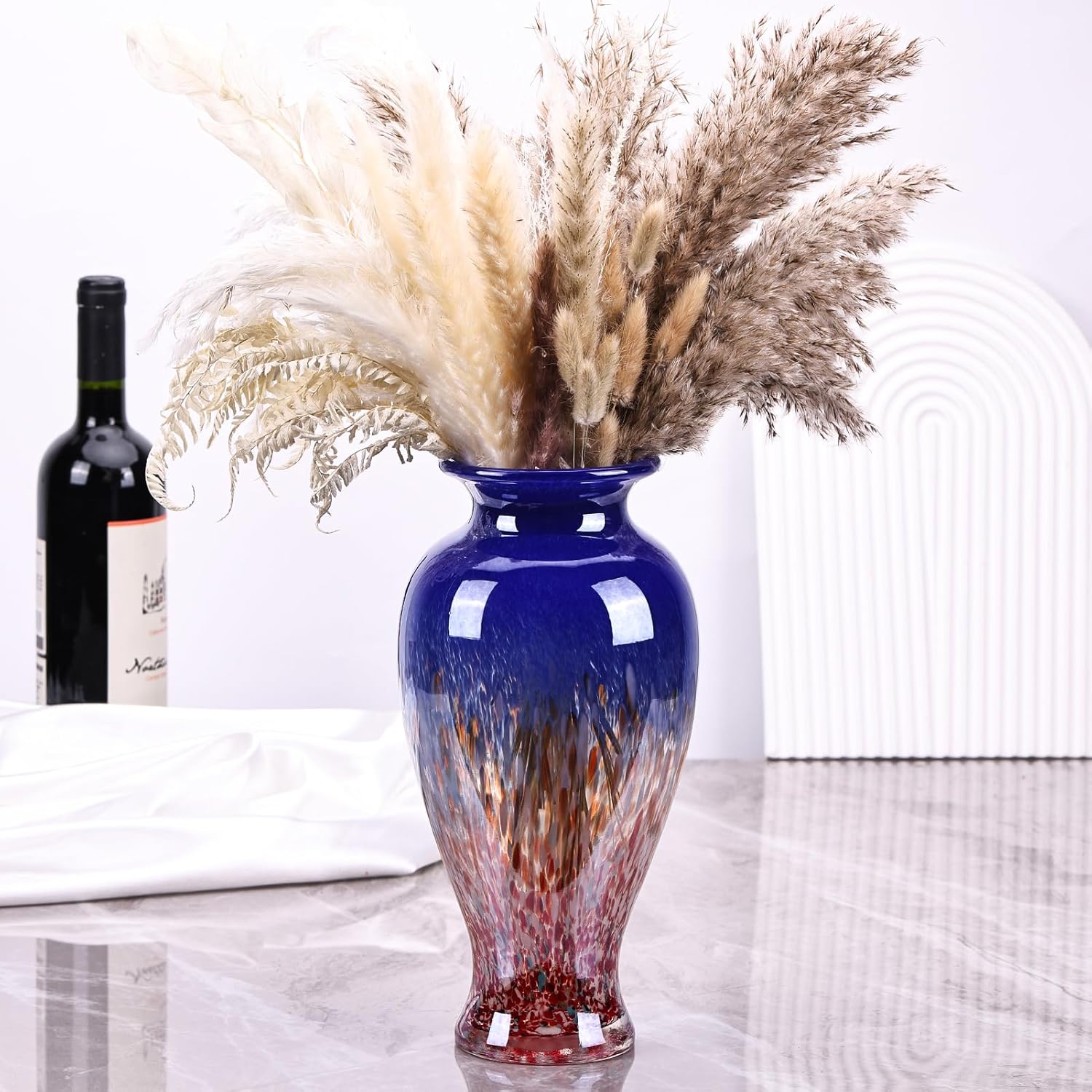 118 Tall Blown Blue Glass Vase with Red Base