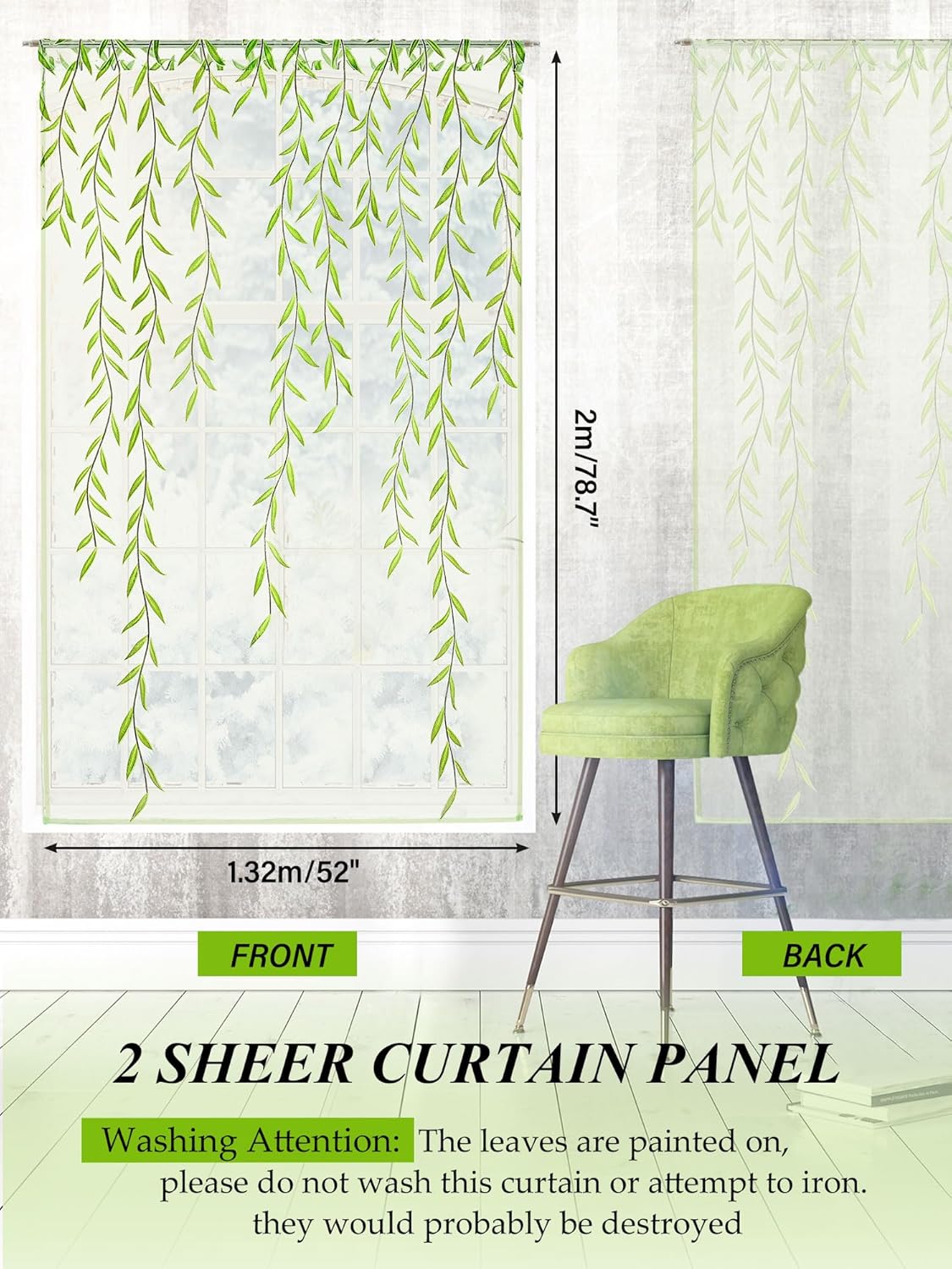 Breling Green Leaf Sheer Curtains 2 Pieces 52x787 Inch