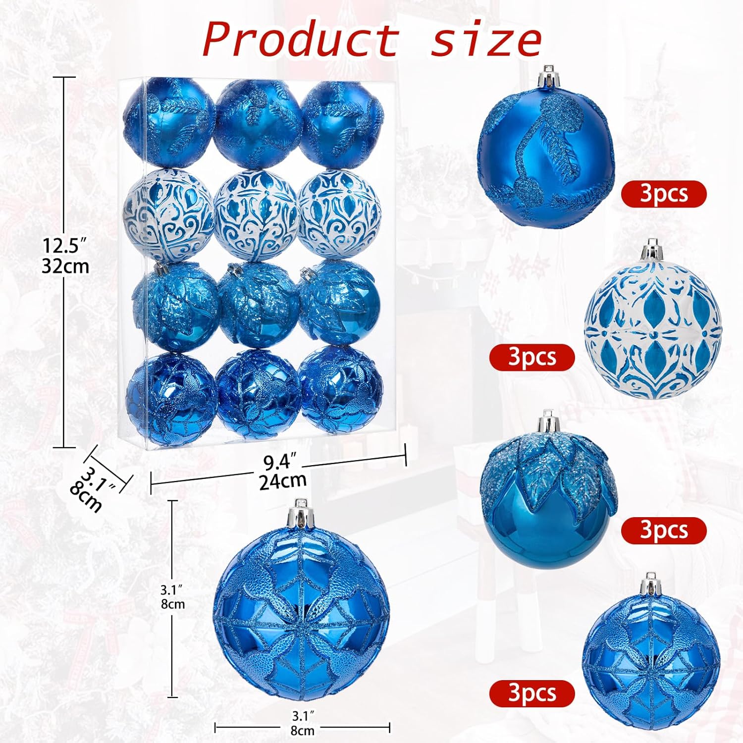 Hollyone 315 Inch Blue Christmas Ball Ornaments 12 Pcs Set