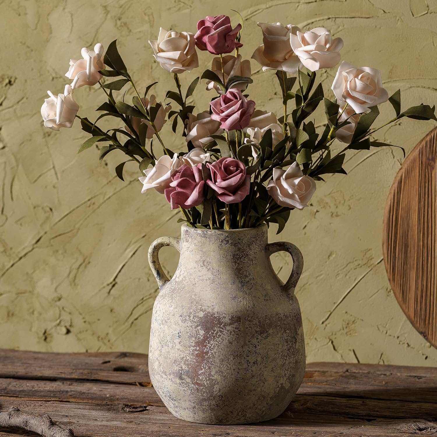 Rustic Ceramic Farmhouse Flower Vase with 2 Handles