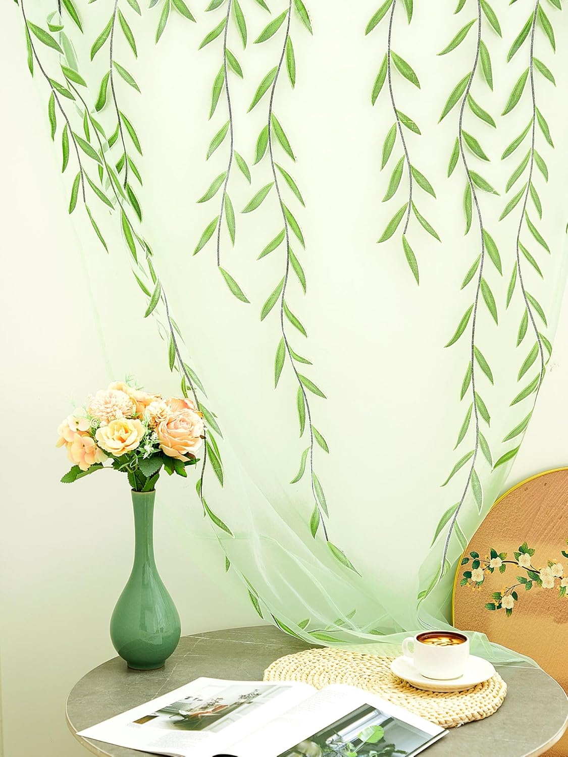 Breling Green Leaf Sheer Curtains 2 Pieces 52x787 Inch